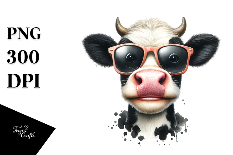 Funny Cow with Sunglasses Watercolor Design