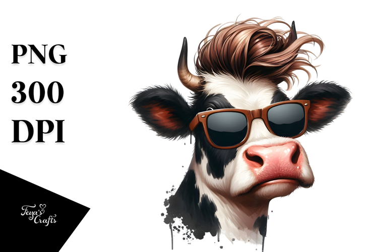 Funny Cow with Cool Hair Watercolor Design