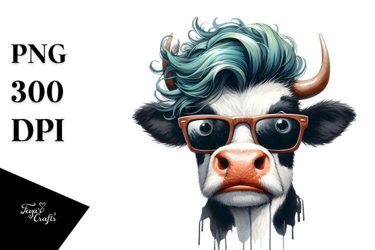Funny Cow with Cool Hair Watercolor Design