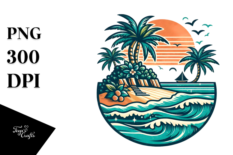 Retro Tropical Island, Stylish PNG