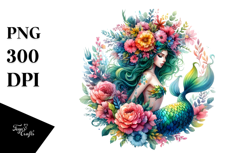Mermaid with Floral Wreath, Vibrant Watercolor example image 1