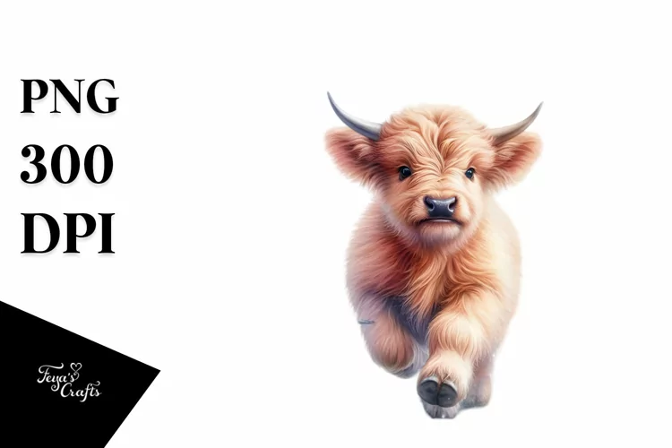 Colorful Baby Highland Cow Chasing Butterflies PNG