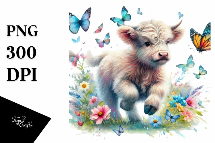 Colorful Baby Highland Cow Chasing Butterflies PNG