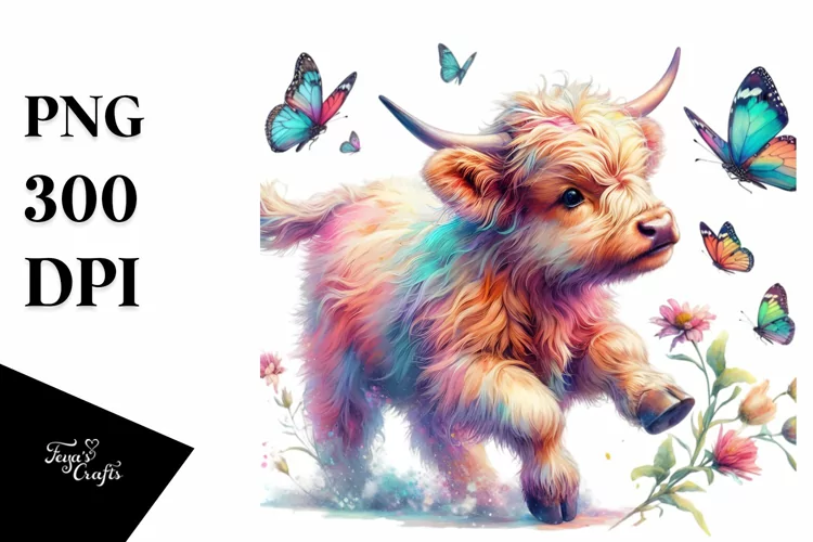 Colorful Baby Highland Cow Chasing Butterflies PNG