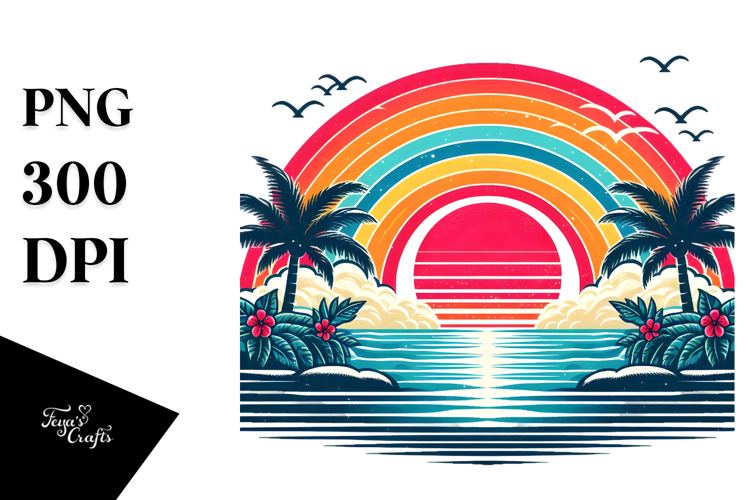 Retro Tropical Rainbow Sunset PNG
