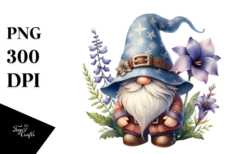 Cute Watercolor Gnome with Lobelia PNG example image 1