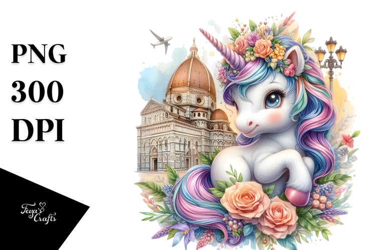 Colorful Baby Unicorn with Italian Piazza PNG