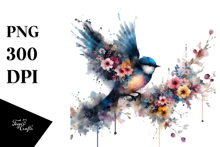 Grunge Bird Flower Painting, PNG example image 1