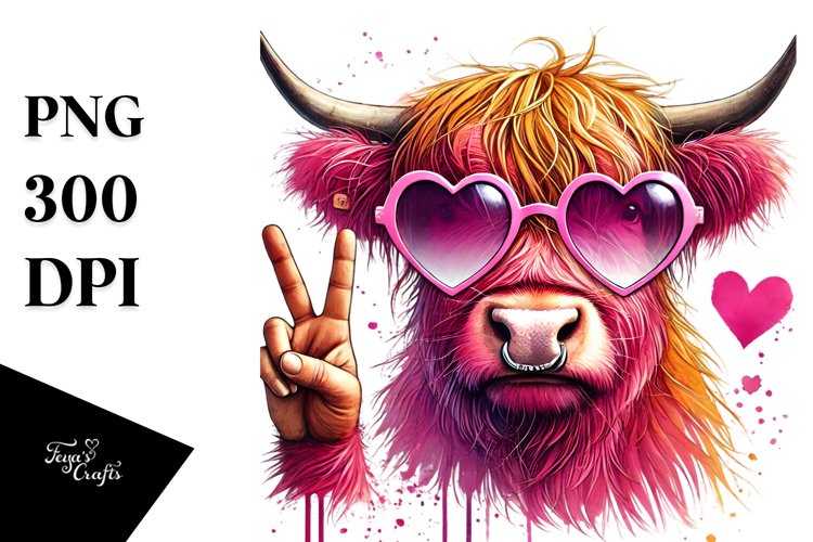 Pink Highland Cow Heart Sunglasses PNG