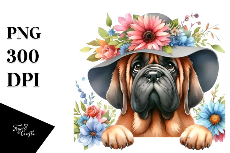 Watercolor Mastiff Happy Floral Frame example image 1