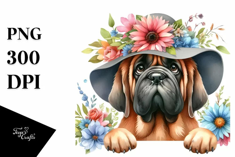 Watercolor Mastiff Happy Floral Frame