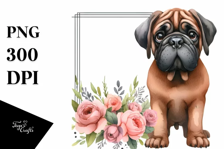 Watercolor Mastiff FLORAL FRAME