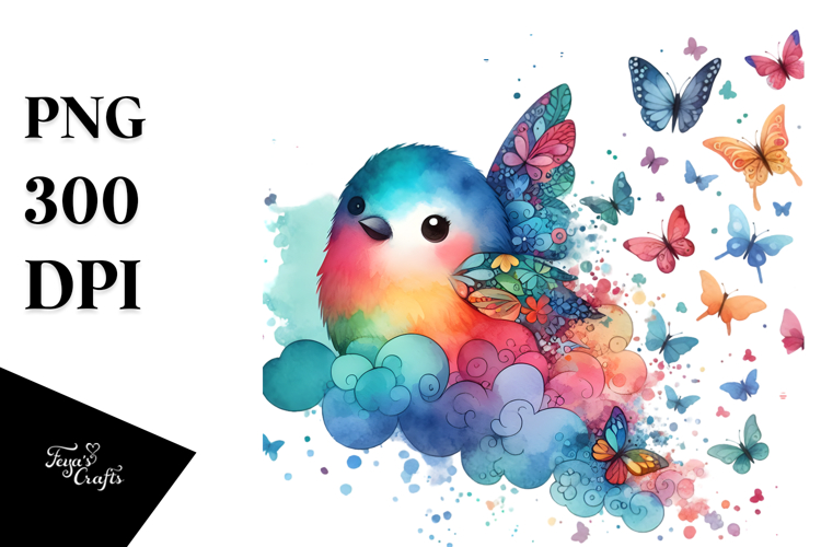 Cute Bird with Butterfly Silhouettes, High-Quality PNG