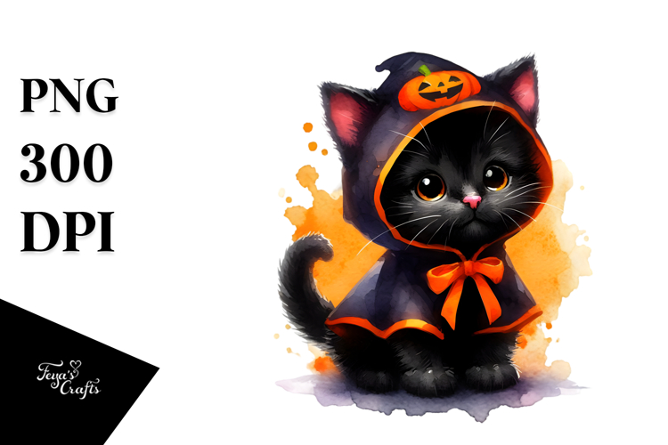 Cute Baby Black Cat Dressed for Halloween, High-Res PNG