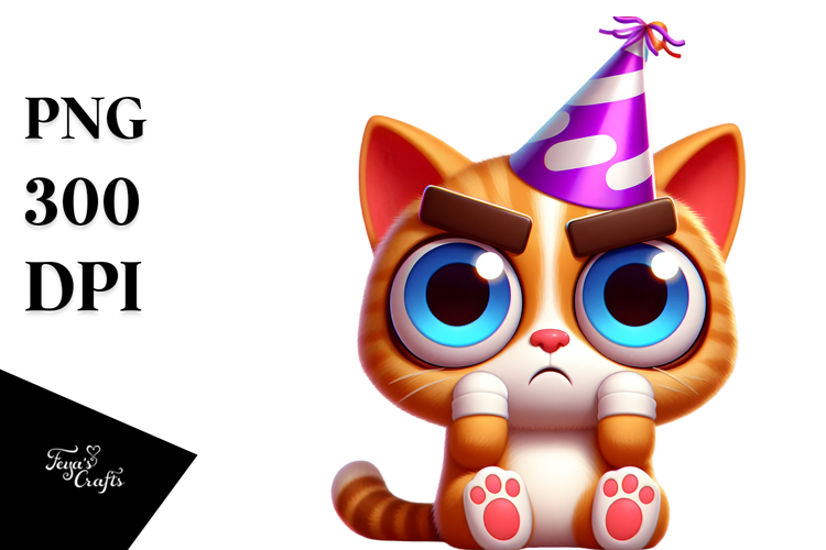 Whimsical Cartoon Cat with Party Hat PNG