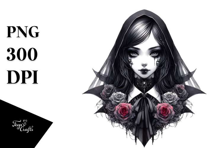 Detailed Gothic Girl Watercolor PNG