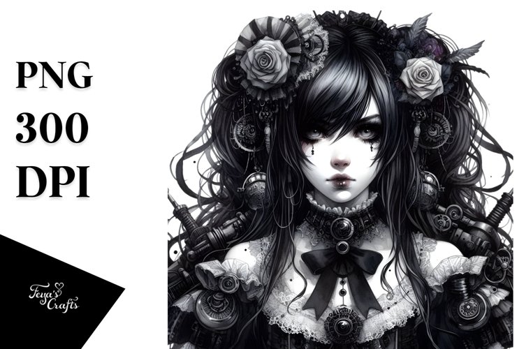Detailed Gothic Girl Watercolor PNG