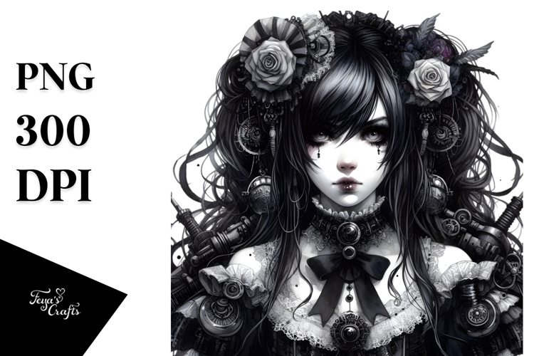 Detailed Gothic Girl Watercolor PNG