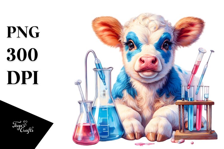 Baby Cow with Beaker and Test Tubes, Watercolor PNG example image 1