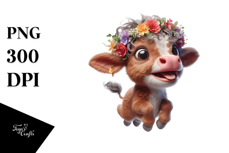 Baby Calf with Flower Crown, Exaggerated Pose PNG