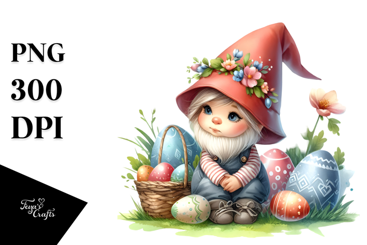 Baby Gnome in Grass with Easter Eggs, PNG