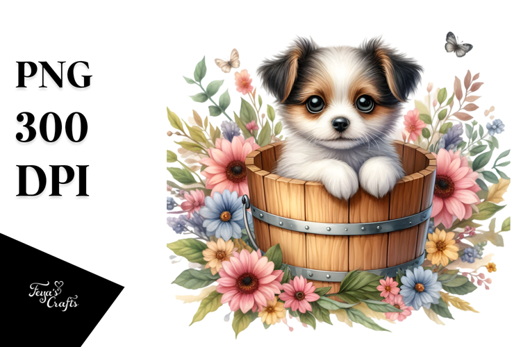 Watercolor Cute Baby Dog in Flower Bucket PNG