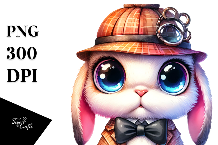 Crazy Eyes Rabbit with Detective Hat, Watercolor PNG example image 1
