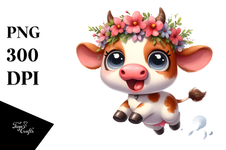 Ridiculously Cute Cartoon Cow with Flower Crown PNG example image 1