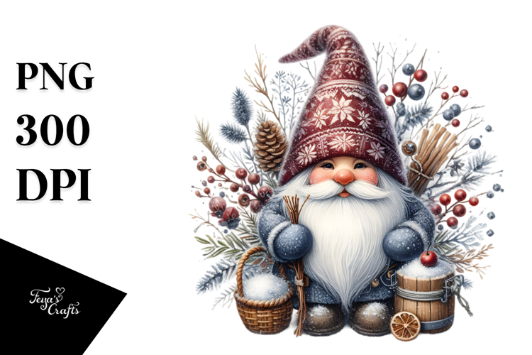 Detailed Winter Gnome Watercolor PNG