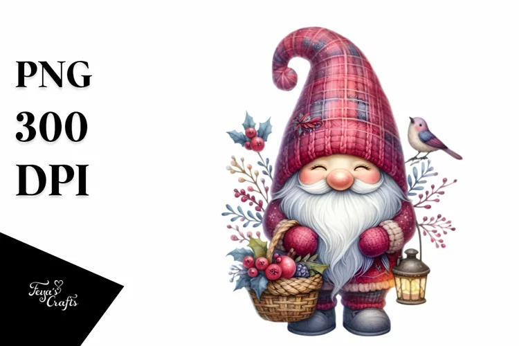 Detailed Winter Gnome Watercolor PNG
