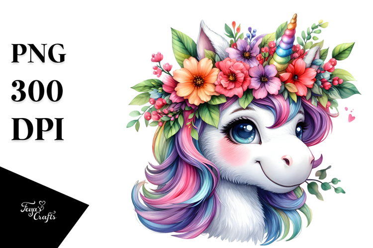 Cute Unicorn with Floral Wreath PNG