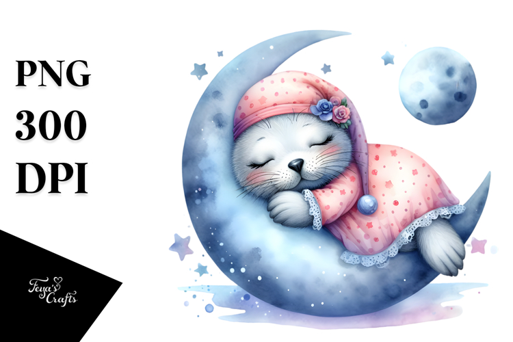 Whimsical Baby Seal Sleeping on Moon Clipart
