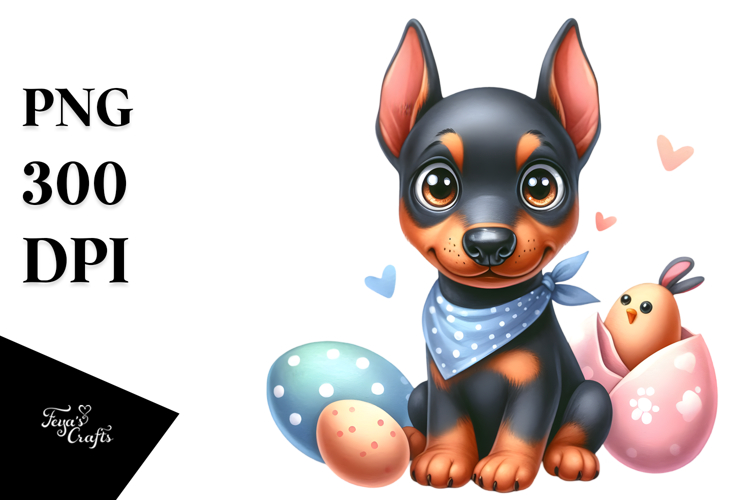 Cute Cartoon Doberman Pinscher Baby with Big Eyes PNG