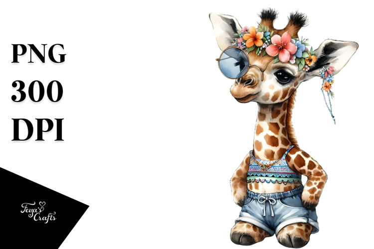 Digital Watercolor Adorned Baby Giraffe PNG