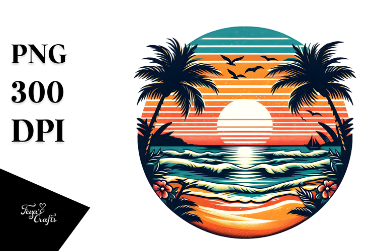 Retro Tropical Beach Sunset PNG