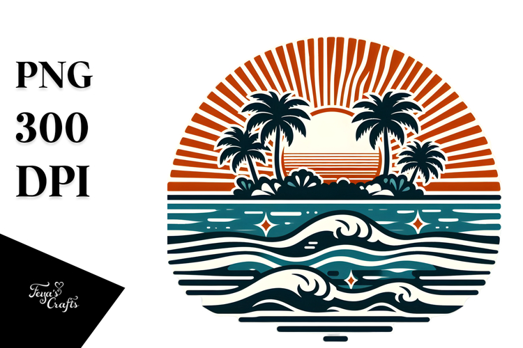Retro Tropical Island Sunset PNG