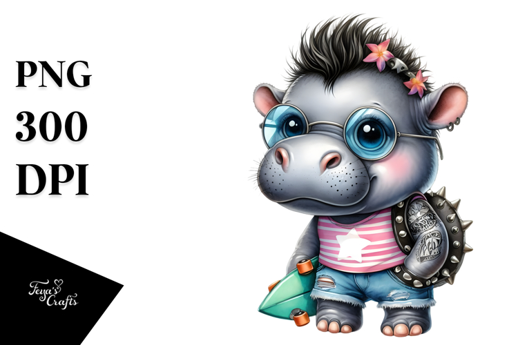 Cute Baby Hippo in Beach Clothes PNG