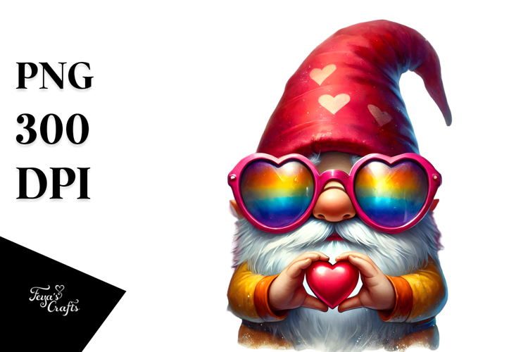 Colorful Valentines Gnome with Heart Sunglasses PNG