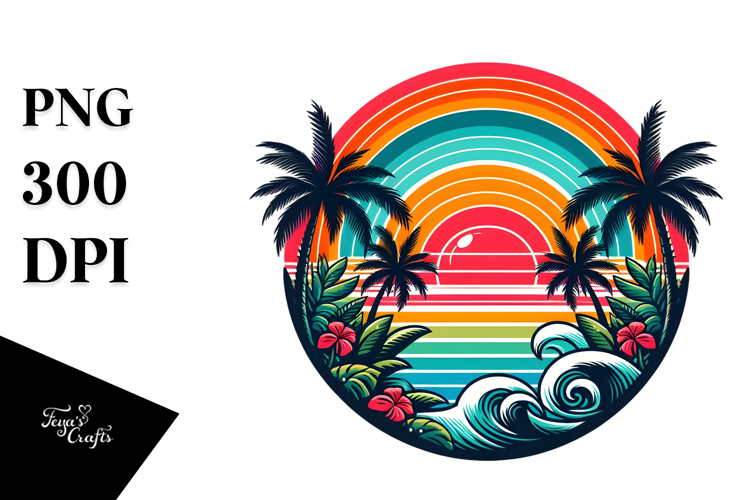 Retro Tropical Rainbow Sunset, 20 oz Tumbler PNG