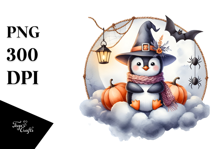Penguin Dressed for Halloween on Cloud, High-Res PNG example image 1