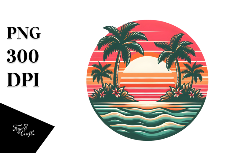 Retro Tropical Island Sunset PNG