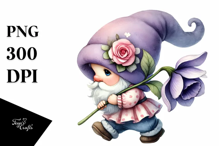 Cute Gnome with Violet PNG