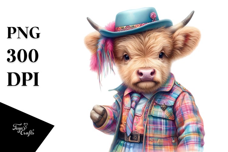 Colorful Highland Cow in Square Dancers Outfit, PNG