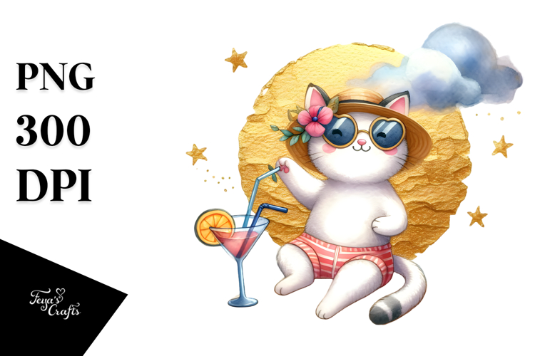 Happy Cat in Beachwear Drinking Cocktail PNG