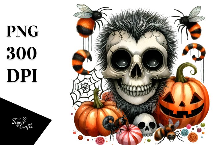 Funny Watercolor Halloween Skull Clipart example image 1