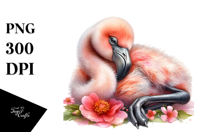 Digital Watercolor Cute Baby Flamingo PNG