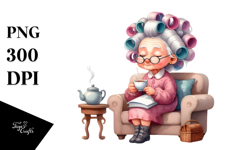 Old Lady Sofa Hair Curlers Tea Cup Clipart