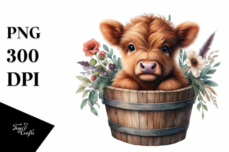 Cute Baby Highland Cow Wood Bucket PNG