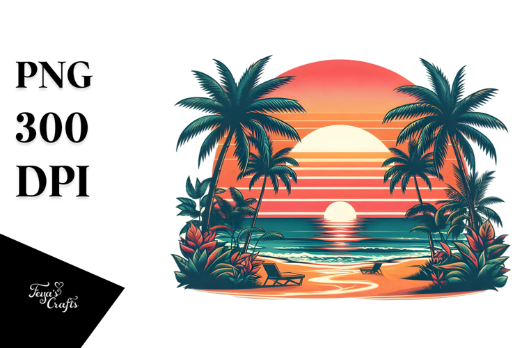 Retro Tropical Beach Sunset PNG