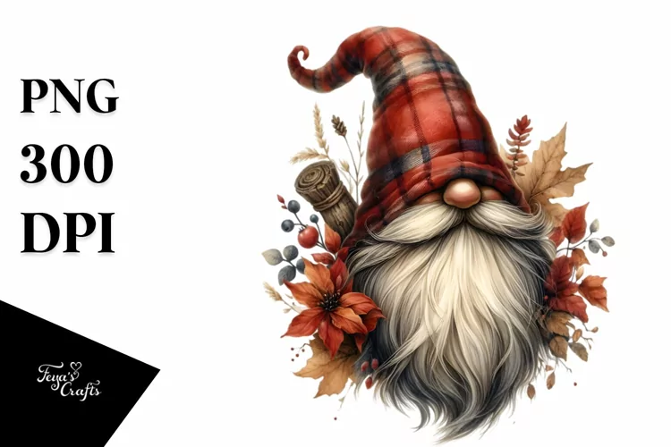 Detailed Autumn Gnome Watercolor PNG